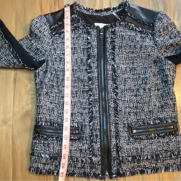 REBECCA TAYLOR Sz 4 Black/White Tweed Zip Lined Jacket Lamb Leather Accents - Picture 9 of 16